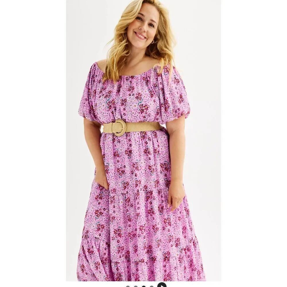 Draper James RSVP Large purple floral tiered maxi off shoulder flowy dress